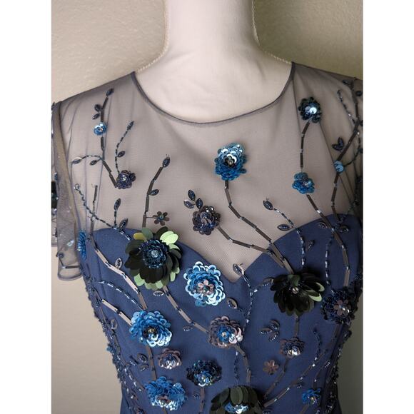 JS Collections Beaded Bodice Crepe Mineral Blue Midi Sheath Dress Women Size 10 - Picture 6 of 16